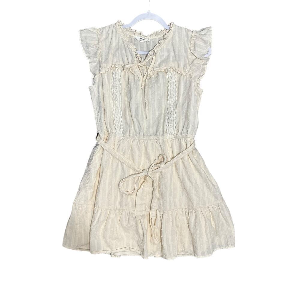 Mine Cap Sleeve Dress Women's L Cream Lined Waist Tie Boho Minimalist Girly‎